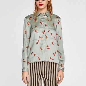 Zara NWOT SILK STYLE BLOUSE W RED CHILI PRINT